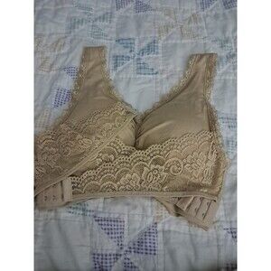 New Beige BRA No Underwire Light Pads Lace Front Wrap Support Wide Straps, Lg